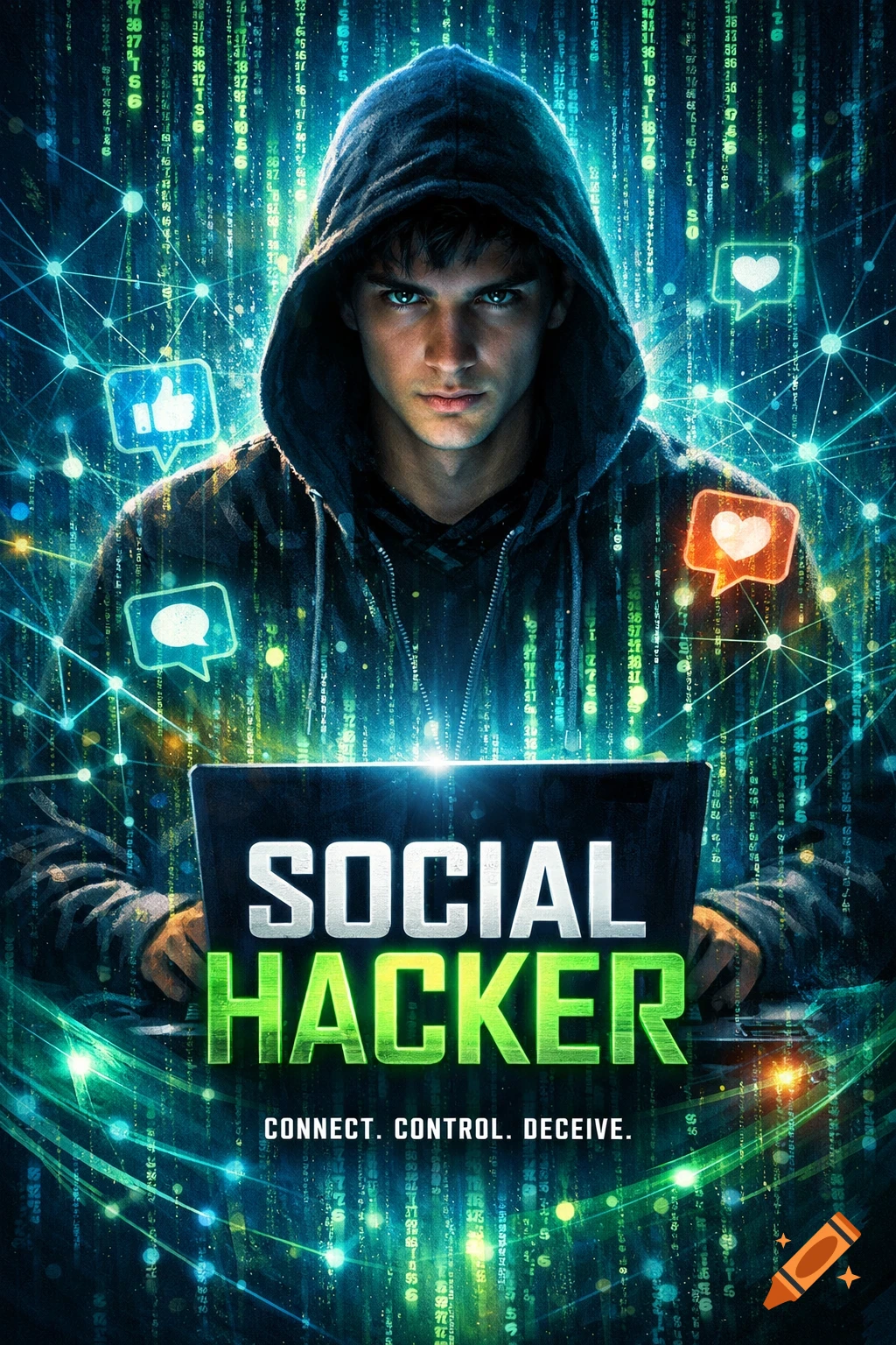 Movie poster of a young person in a hoodie using a laptop, surrounded by digital code and social media icons. Text reads 'SOCIAL HACKER'.
