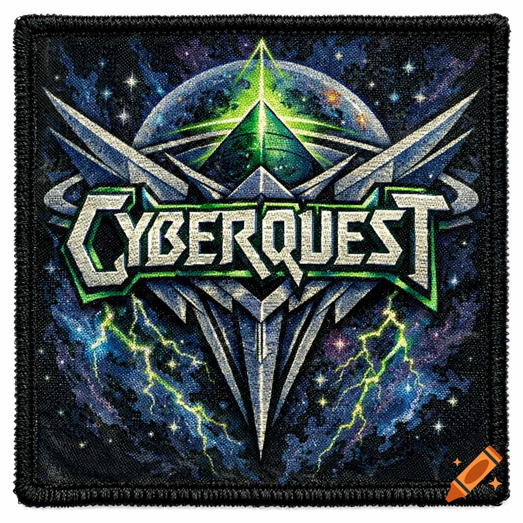 Square embroidered patch with a futuristic band logo for 'CYBERQUEST', featuring a planet, stars, and lightning bolts in a cosmic background.