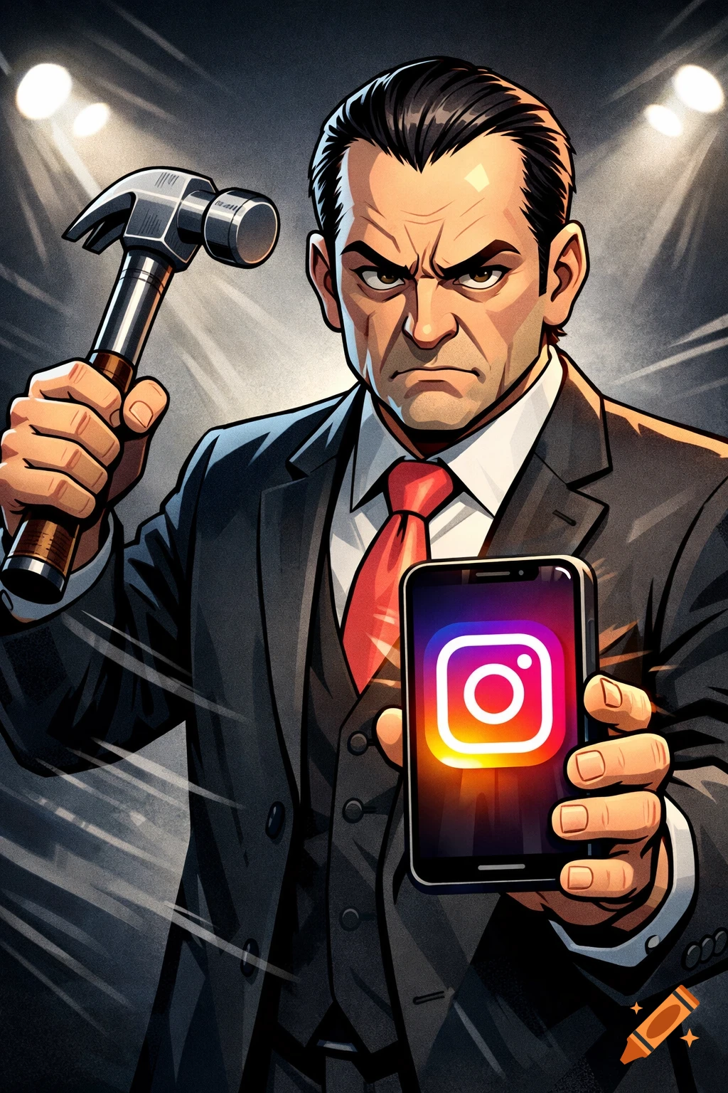 A stern cartoon man in a suit and red tie holds a hammer in one hand and a smartphone displaying the Instagram logo in the other, under spotlights.