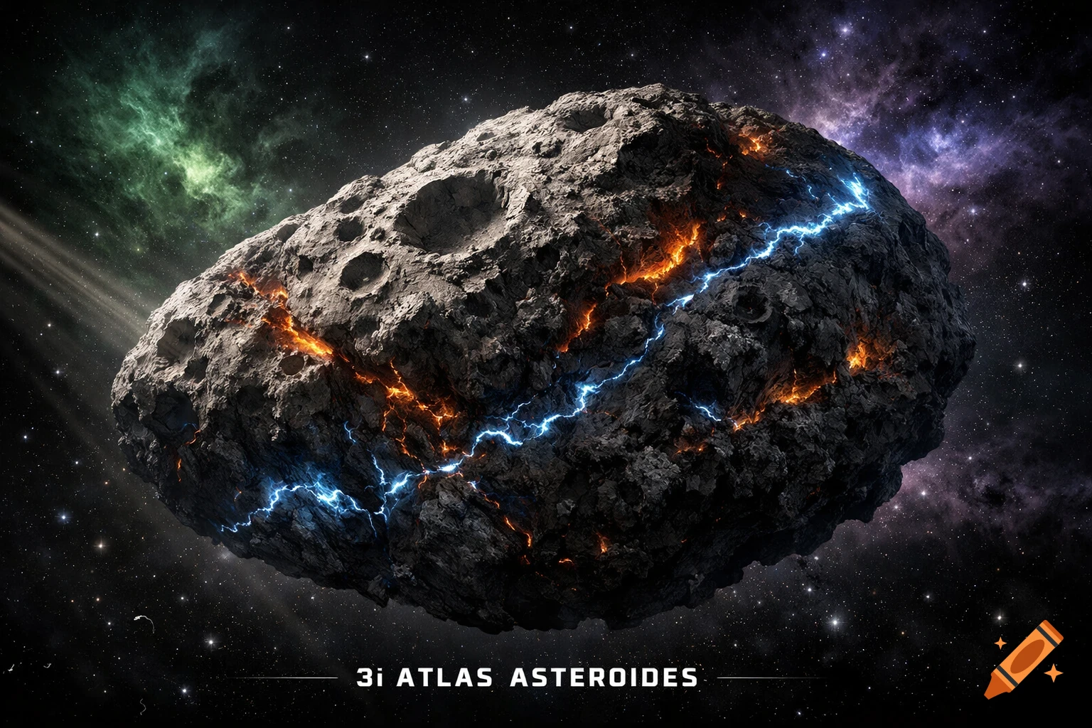A large, dark, rocky asteroid with glowing orange lava cracks and blue lightning strikes against a starry cosmic background with green and purple nebulae.