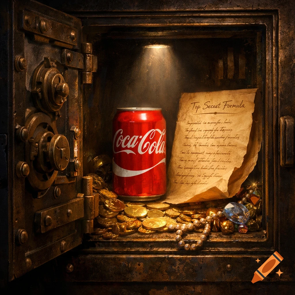 A detailed, slightly open antique safe, illuminated by a spotlight, contains a Coca-Cola can, piles of gold coins, jewels, and a paper labeled "Top Secret Formula".