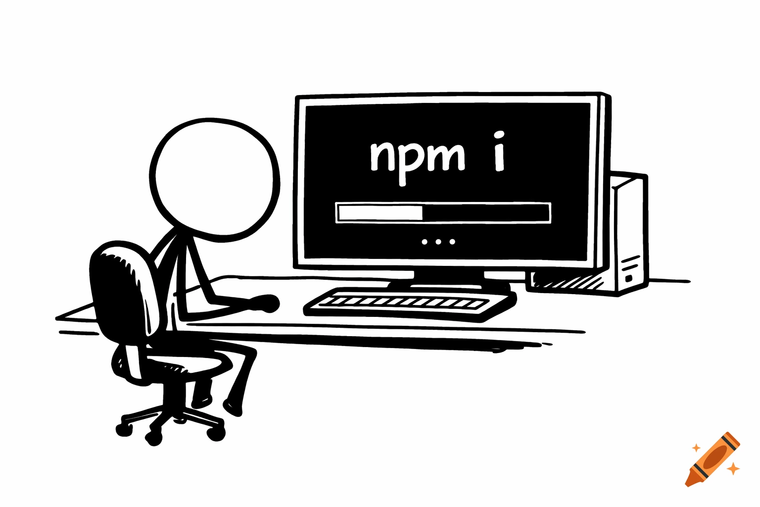 A black and white xkcd-style stick figure sits at a desk, watching "npm i" and a loading bar on a computer screen.