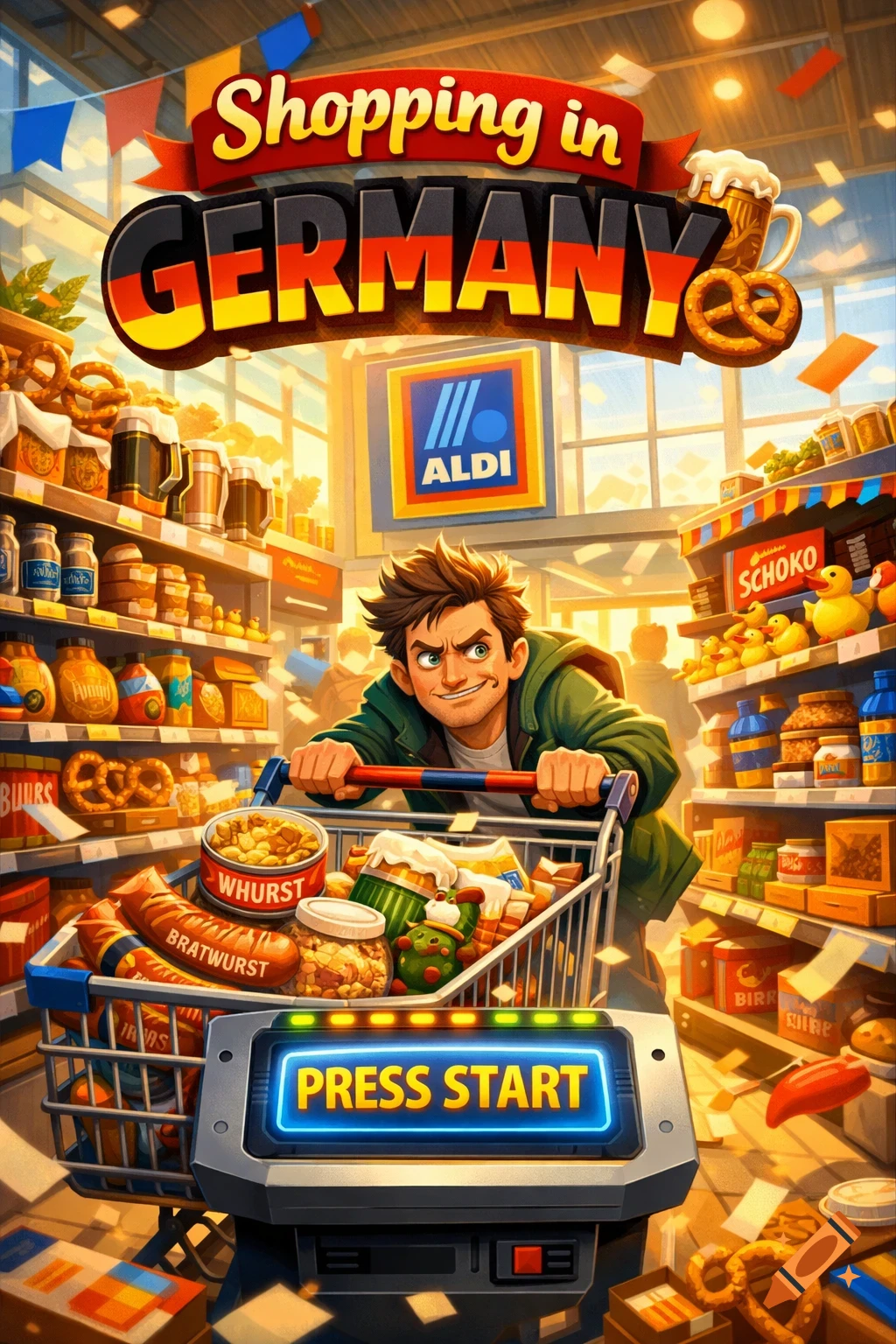 A stylized cartoon image of a man pushing a shopping cart full of German groceries in an Aldi supermarket, with text 'Shopping in GERMANY' and 'PRESS START'.
