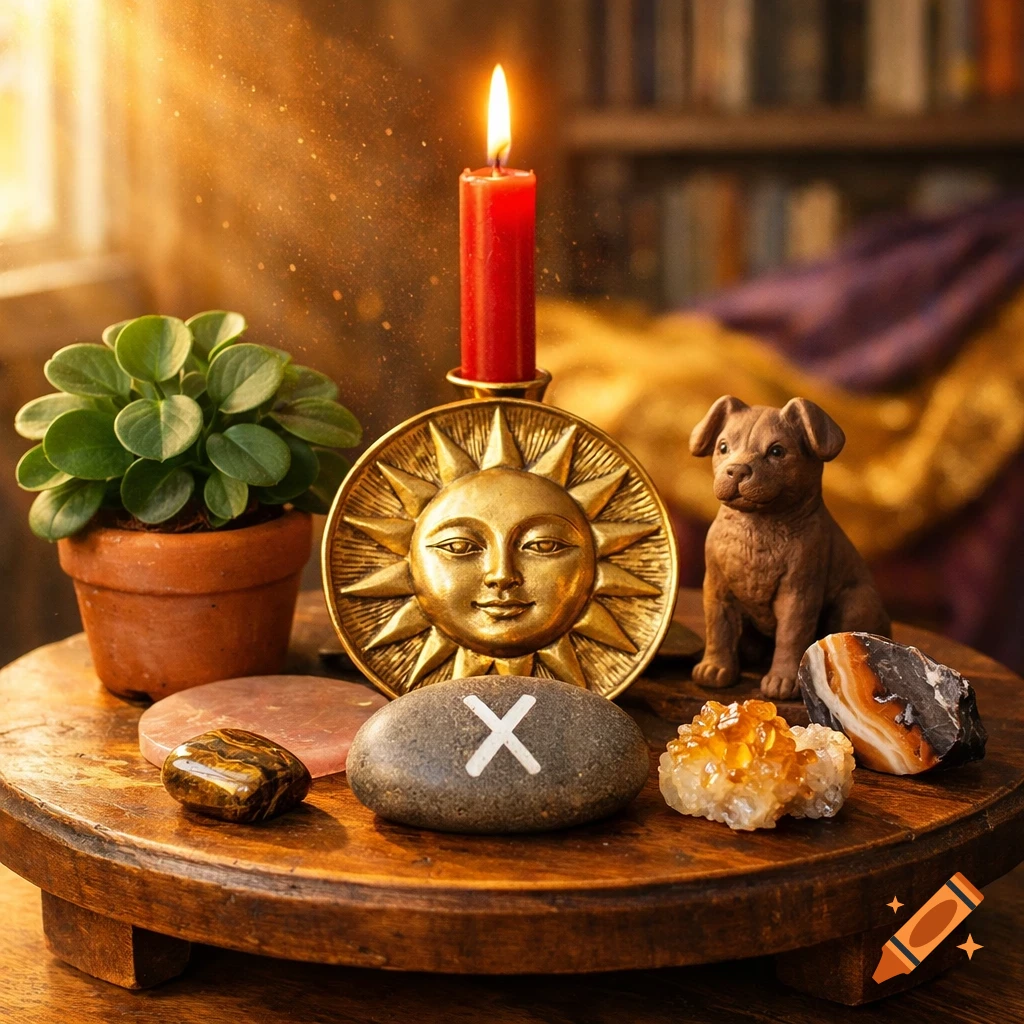 Photorealistic still life of a sun-lit wooden altar with a burning red candle, brass sun face, dog figurine, plant, and crystals.