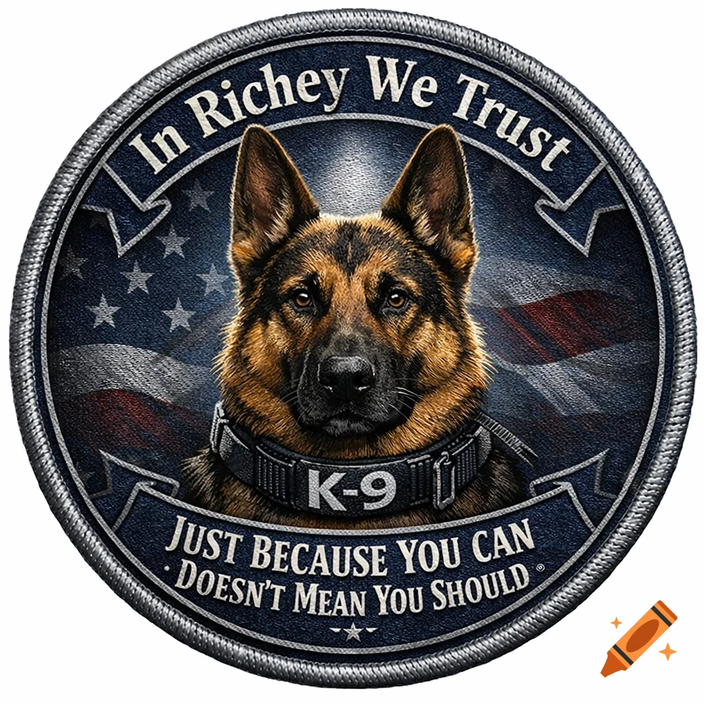 A circular K-9 police patch features a German Shepherd over an American flag, with text 'In Richey We Trust' and 'Just Because You Can Doesn't Mean You Should'.