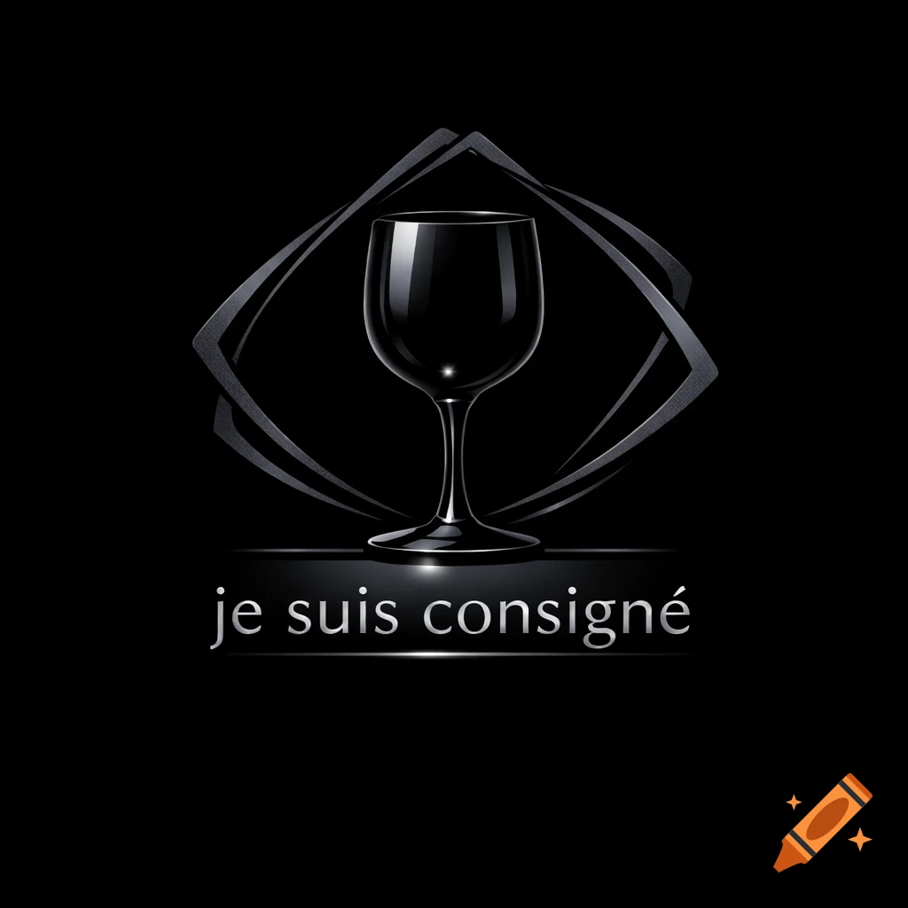 A stylized black wine glass within an abstract gray frame, with the text 'je suis consigné' below, all on a black background.