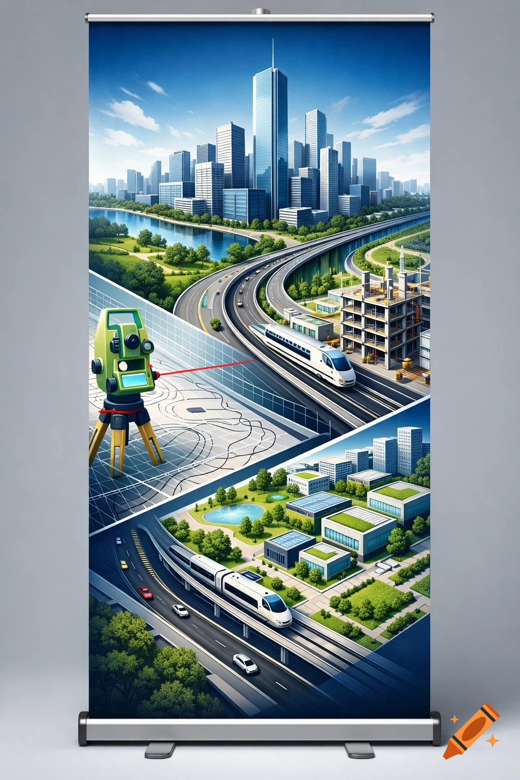 Isometric illustration of a city with a river, highways, a train, construction, modern buildings with green roofs, and surveying equipment.