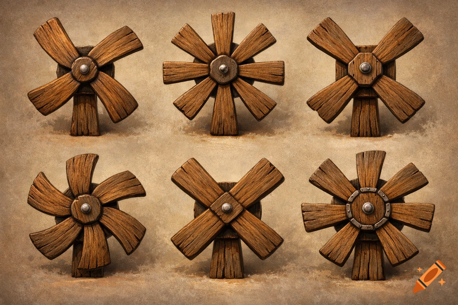 Six wooden windmill blade designs with various numbers of blades, set against a textured, earthy background.