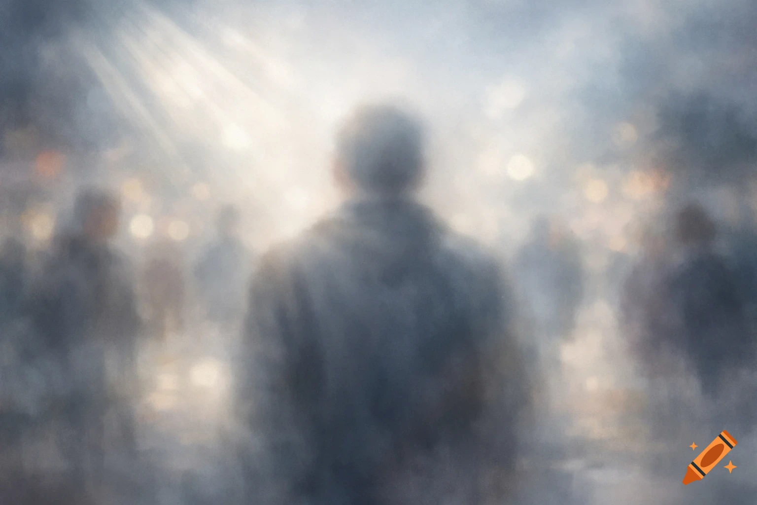 A blurry, atmospheric image of a person standing in a crowd, viewed from behind, surrounded by mist and bright light rays.
