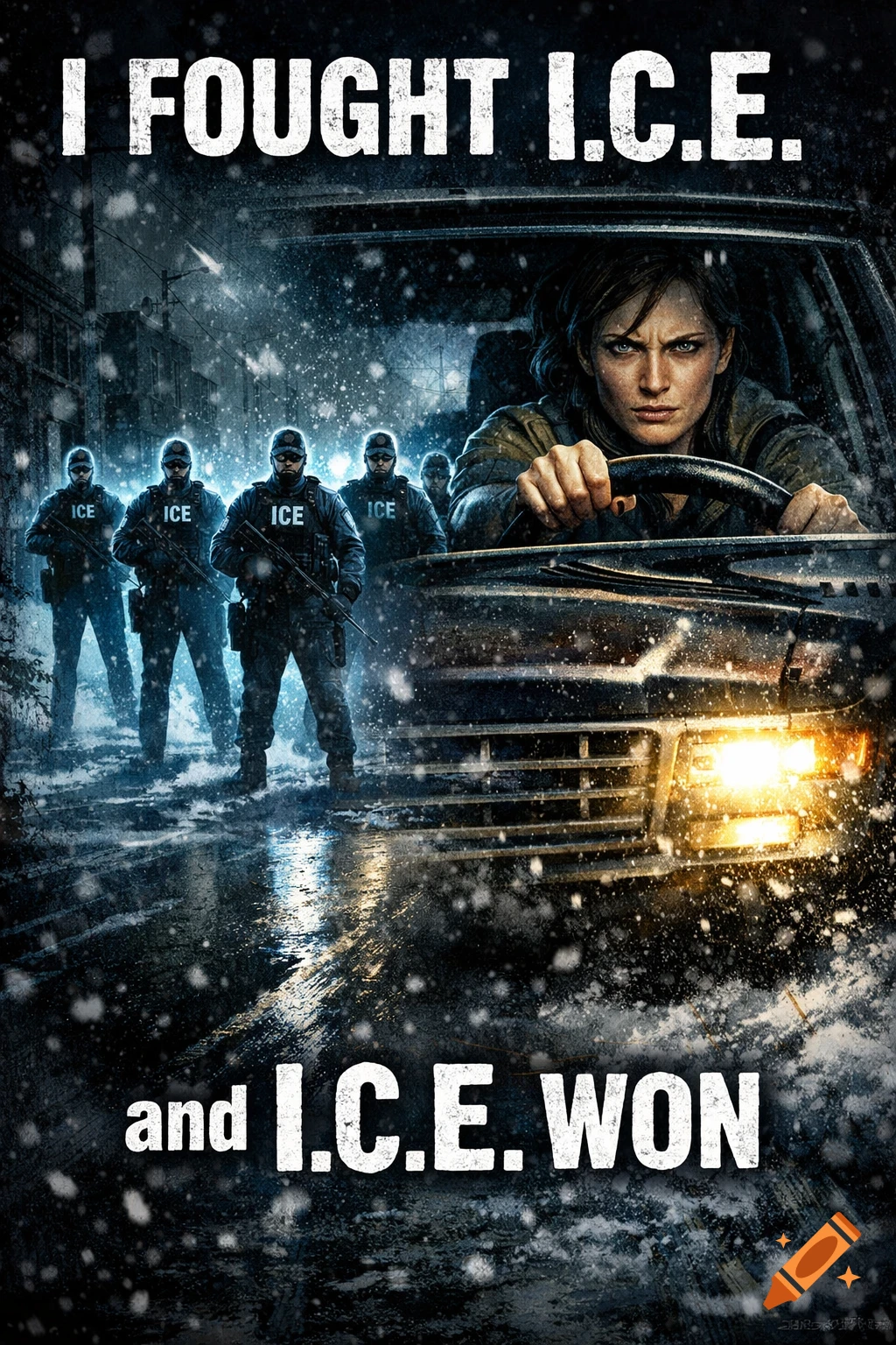 A cinematic illustration of a determined woman driving a truck in a snowy city street, facing glowing ICE agents. Text: I FOUGHT I.C.E. and I.C.E. WON.