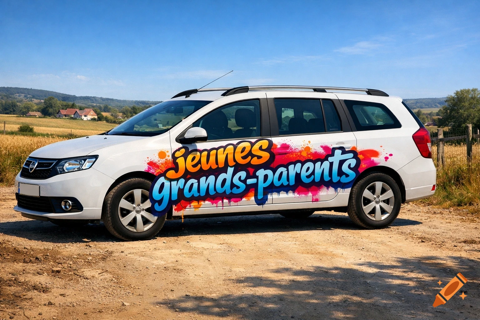White Dacia Logan MCV station wagon with 'Jeunes grands-parents' graffiti parked on a dirt road in a sunny rural landscape.