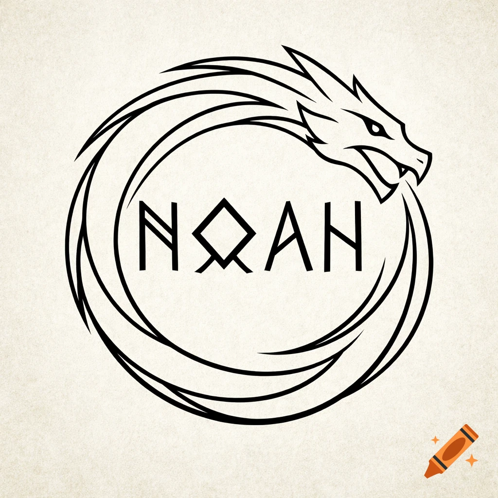 Minimalist black line art logo featuring a dragon head forming a circle around Nordic runes 'NOAH' on a textured off-white background.