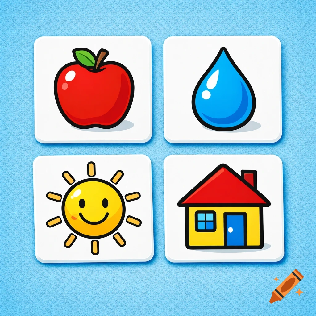 Four cartoon icons: a red apple, a blue water drop, a yellow smiling sun, and a yellow house with a red roof, on a blue textured background.