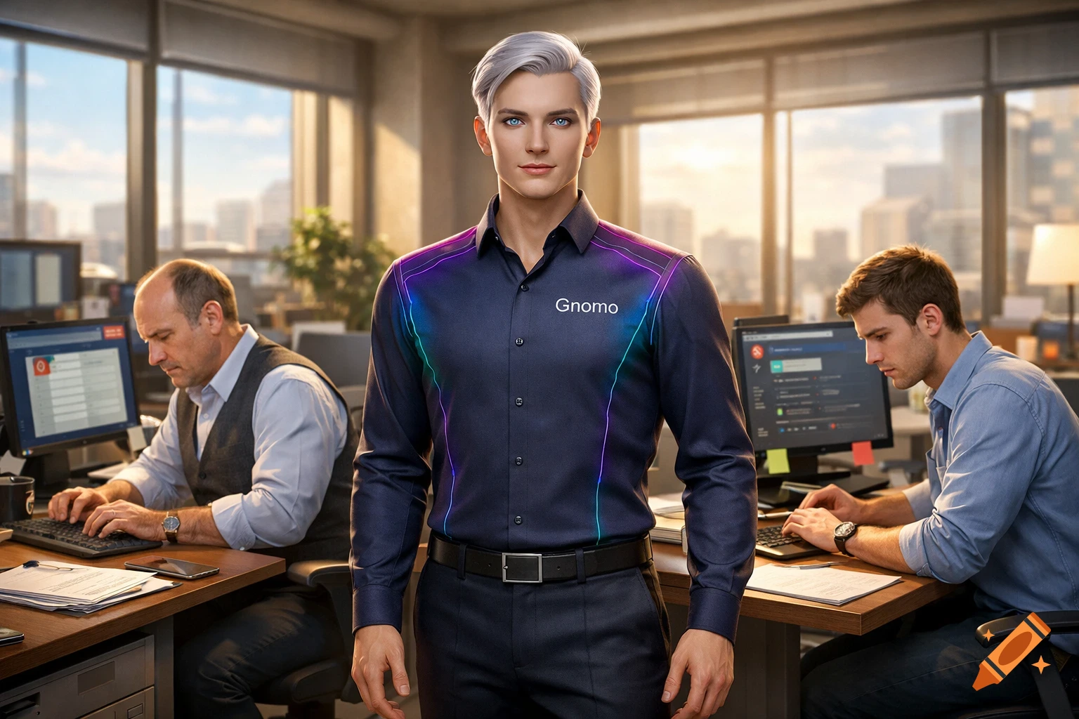 A confident, futuristic AI avatar in a glowing shirt stands in a modern, photorealistic office with two human workers at computers.