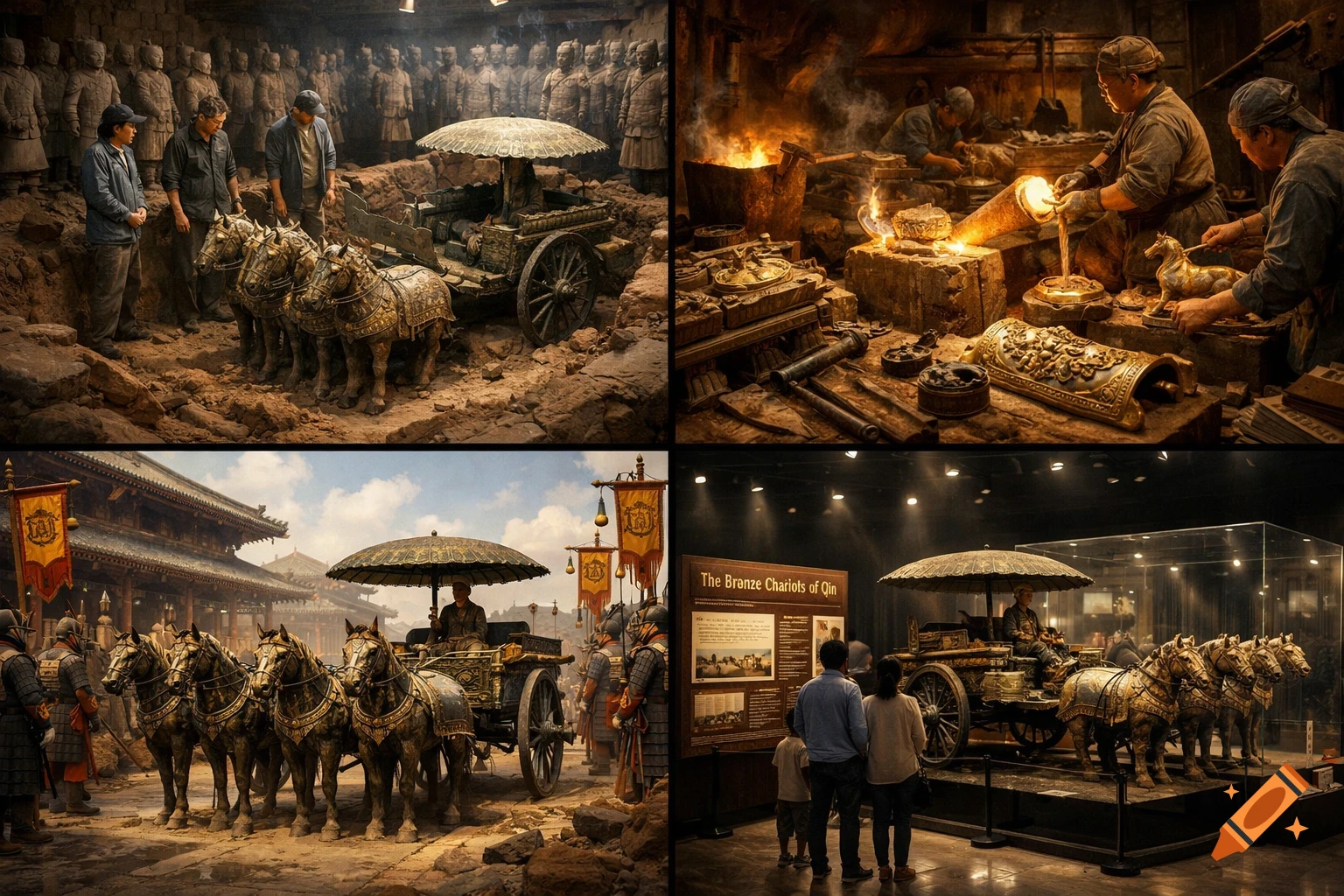 A four-panel image showing the discovery, creation, historical use, and modern museum display of ancient Chinese bronze chariots.