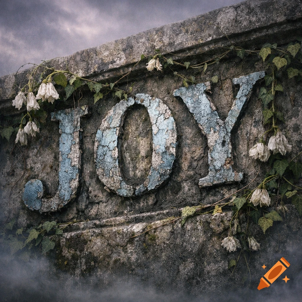 The word JOY carved into a weathered stone wall, adorned with ivy and wilting white flowers, under a moody sky.