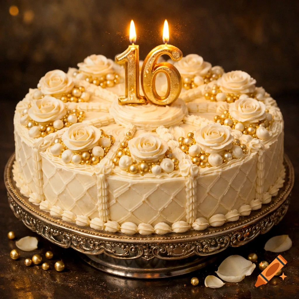 Photorealistic cream birthday cake with white roses, golden pearls, and lit '16' candles.