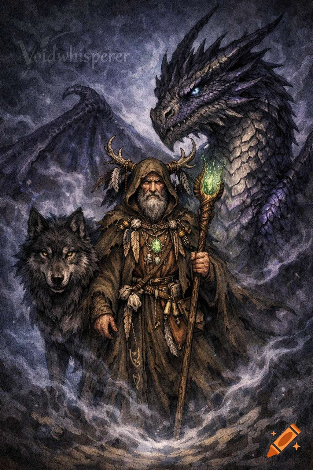 A bearded druid with antlers and a glowing staff stands between a grey wolf and a dark dragon in a hand-drawn fantasy style.