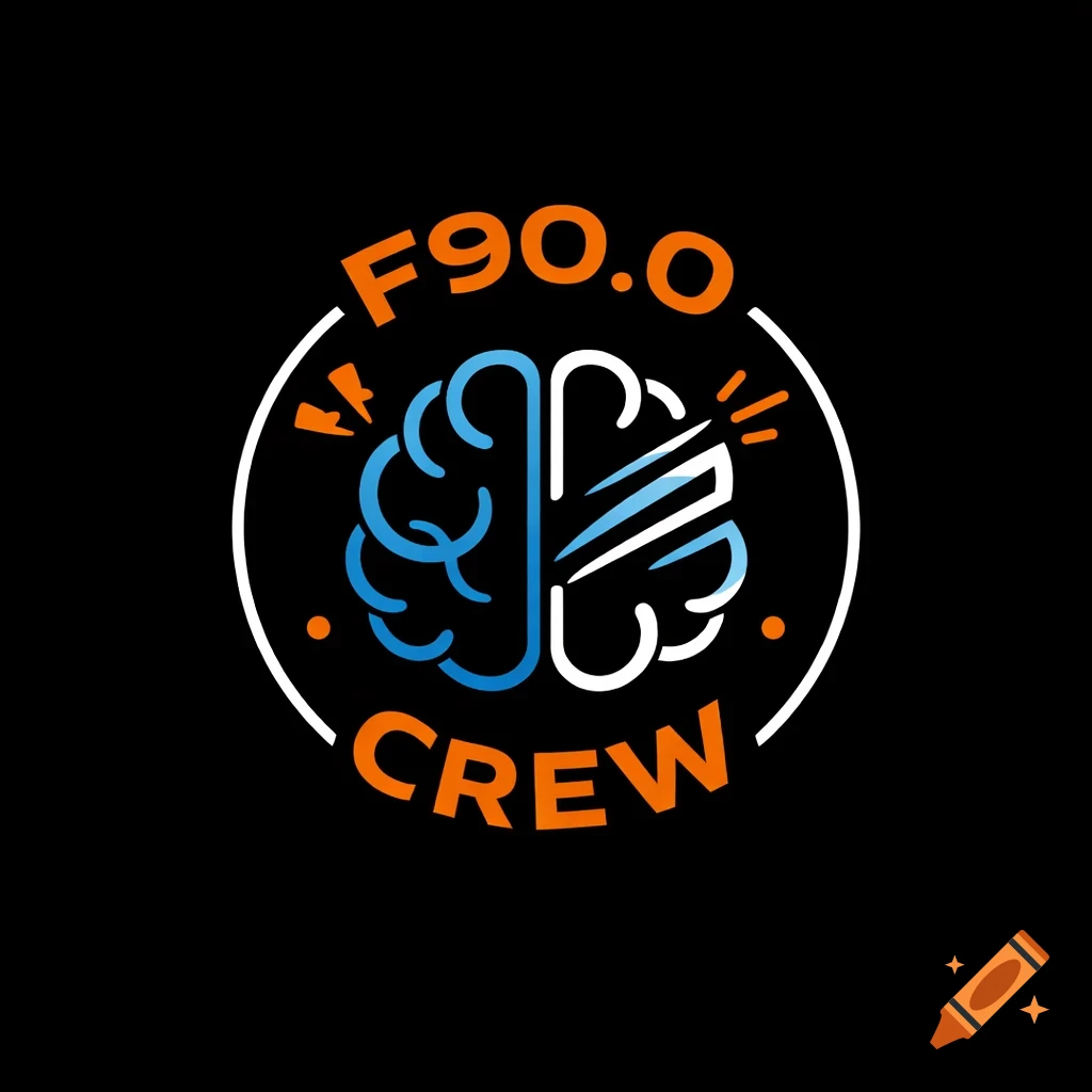 Logo with a stylized brain in blue and white, text 'F90.0' and 'CREW' in orange, on a black background.