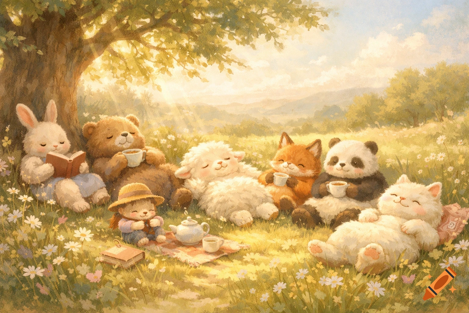 Cute anthropomorphic animals like a rabbit, bear, sheep, fox, panda, and cat have a picnic in a sunny, flower-filled meadow, with some enjoying tea and reading.
