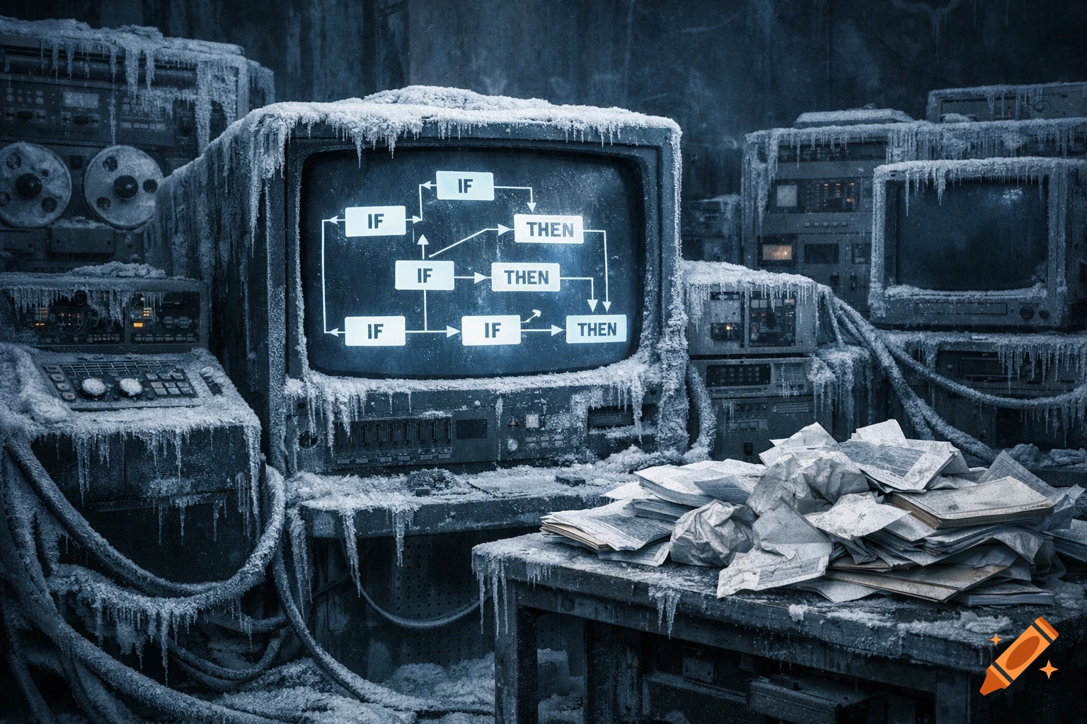 A large, old, frozen computer system from the 1970s-80s in a dark room. Cables and monitors are covered in ice and frost. A screen displays "IF-THEN" rules. Crumpled documents lie on a table. Blue and gray tones create a melancholic mood.