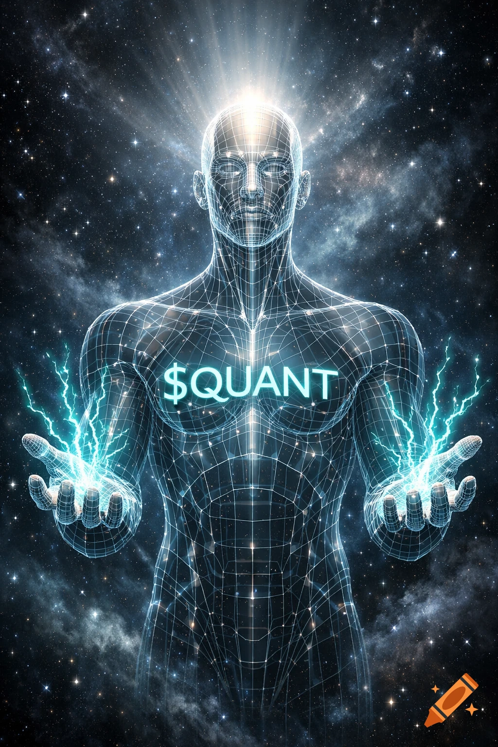 A wireframe humanoid figure glows in deep space, emanating light from its head and turquoise energy from its hands, with "$QUANT" on its chest.