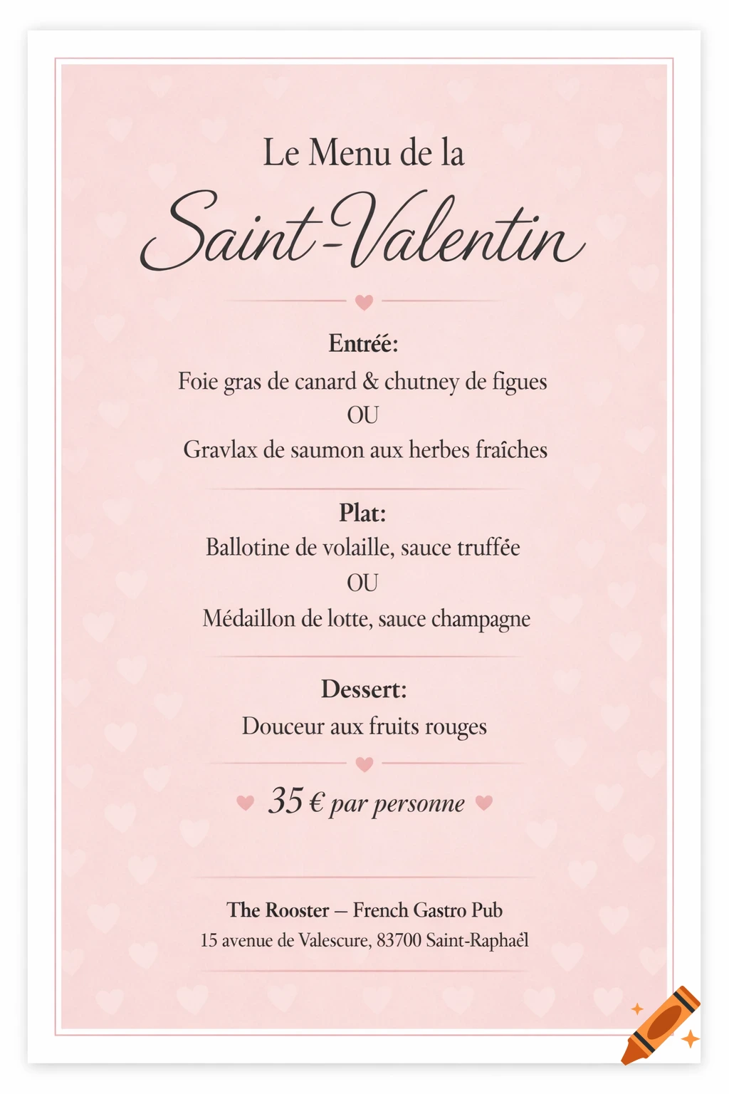 A pink Valentine's Day menu poster for The Rooster restaurant with an elegant French title and menu items.