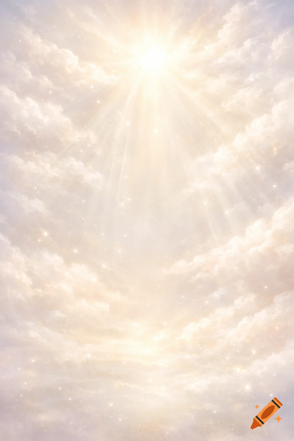 Bright light rays stream through soft, ethereal clouds in a sparkling, heavenly sky.