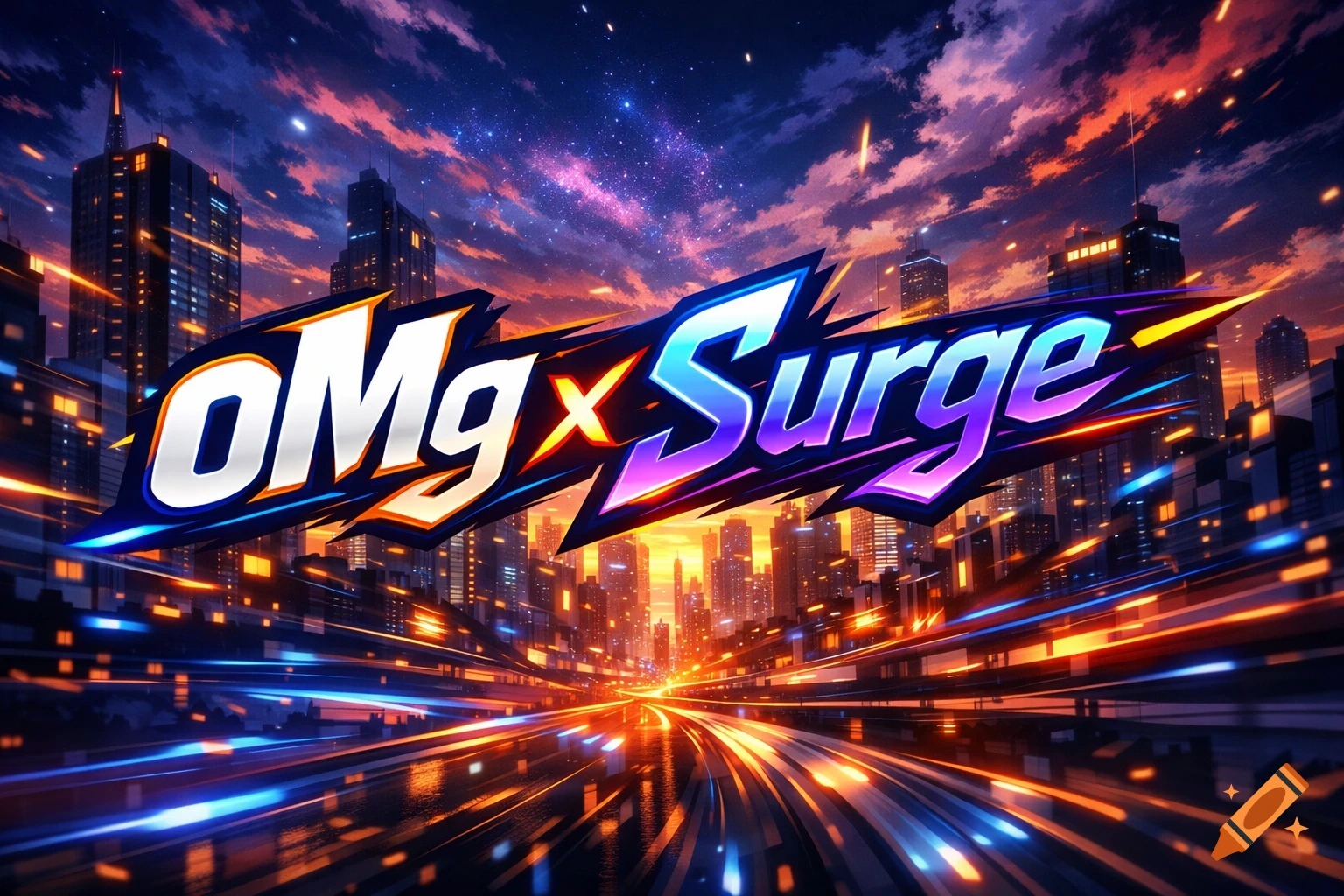 Vibrant digital art featuring 'oMg x Surge' logo over a futuristic cityscape with glowing streets and a starry, cloud-filled sky.