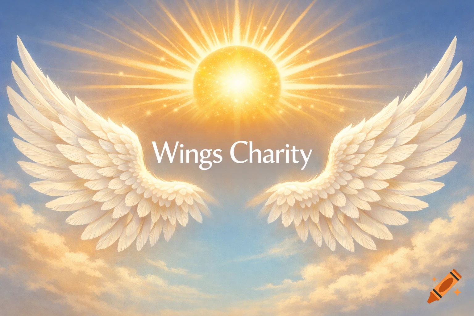 Bright sun with radiating light above two large white feathery wings, set against a blue and cloudy sky, with 'Wings Charity' in the center.