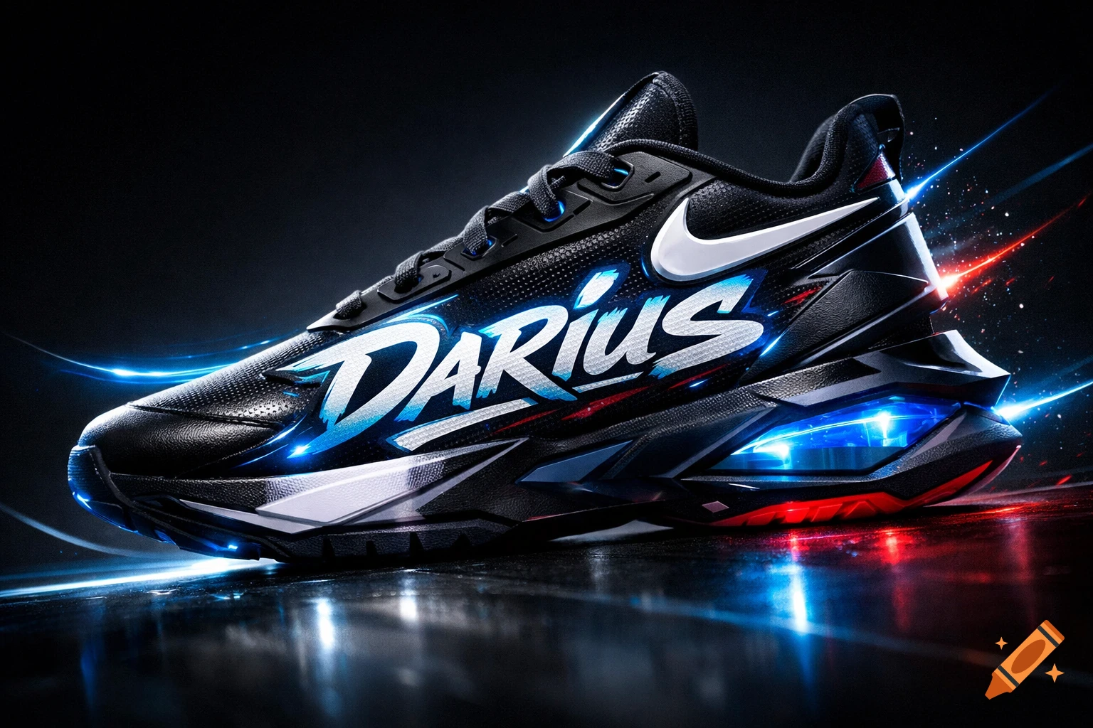 A sleek black Nike running shoe with "Darius" printed in blue and white on the side, glowing with blue and red lights on a dark reflective surface.