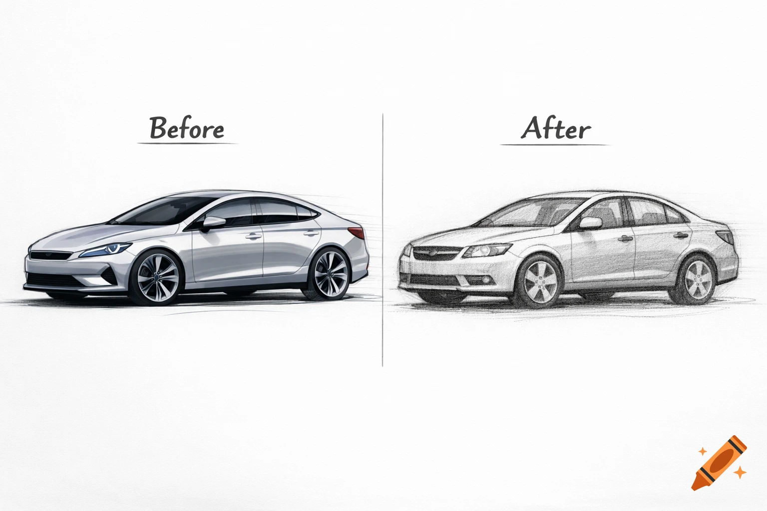 Side-by-side automotive design sketch comparing a modern silver sedan with an early 2010s style pencil-drawn sedan.