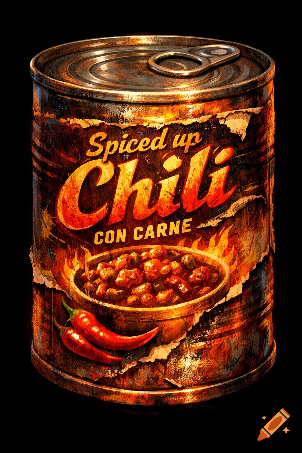 Concept art of a fiery, rusty can of 'Spiced up Chili Con Carne' with a peeling label and red chili peppers on a black background.