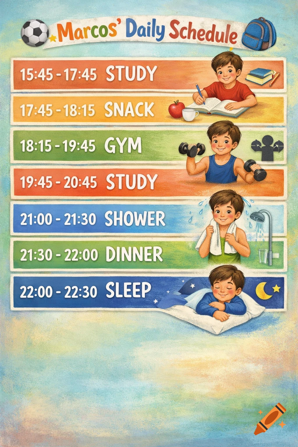 A colorful illustrated daily schedule for a boy named Marcos, showing activities like studying, snacking, gym, showering, dinner, and sleep, with corresponding icons and times.