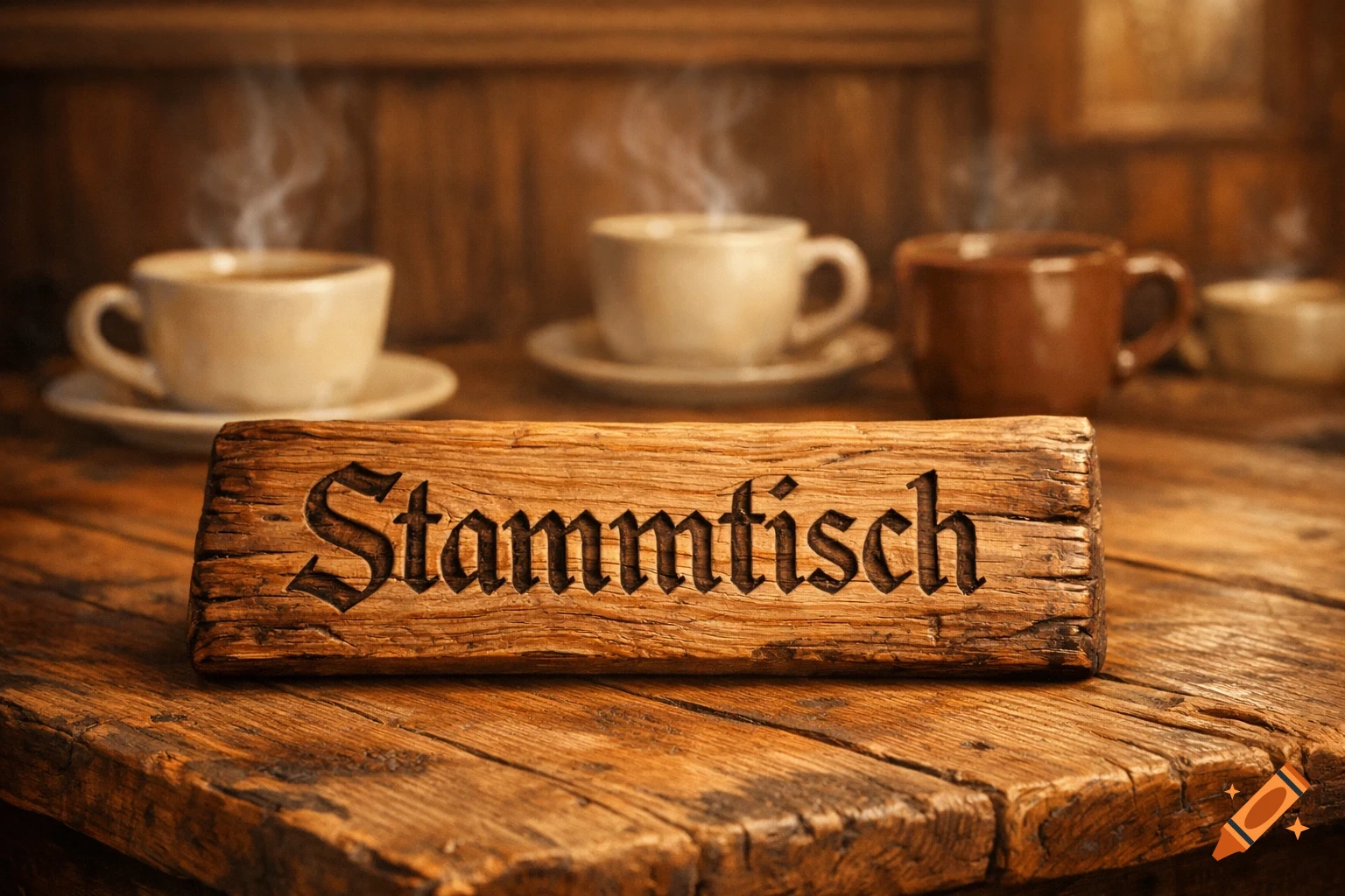 A photorealistic image of a wooden sign reading 'Stammtisch' on a rustic wooden table with steaming coffee cups in the background.