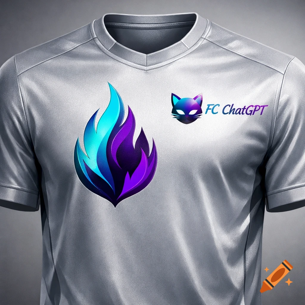 A silver football jersey with a vibrant blue and purple flame logo, and an FC ChatGPT cat logo on the chest.