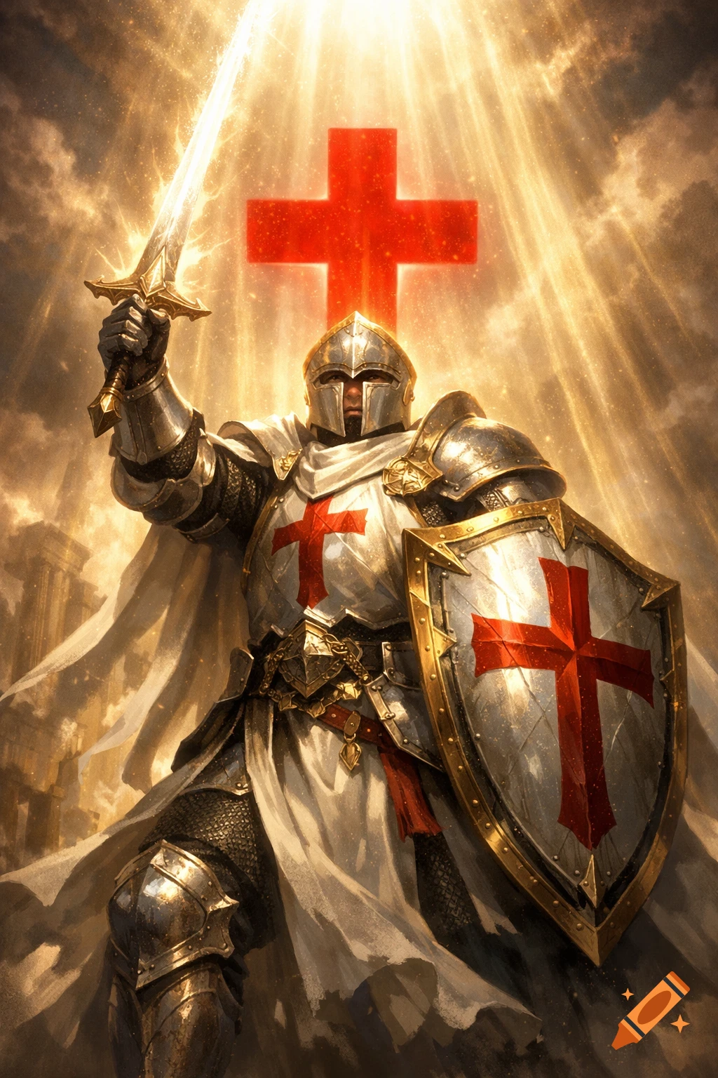 A paladin in shining armor holds a glowing sword and a shield with a red cross, bathed in golden light, in epic fantasy style.