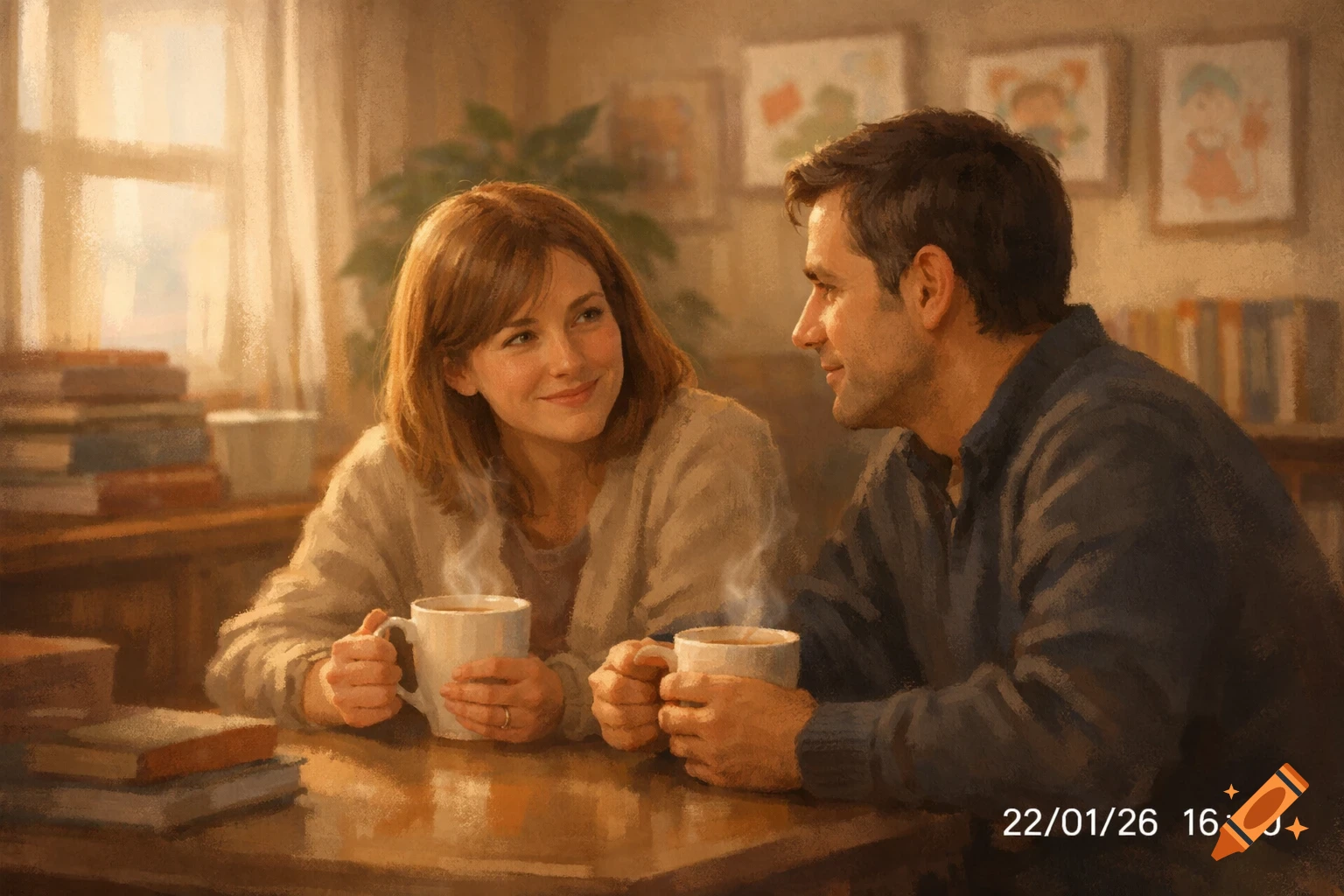 A man and woman with warm expressions, holding steaming mugs, seated at a wooden table in a cozy, painterly scene.