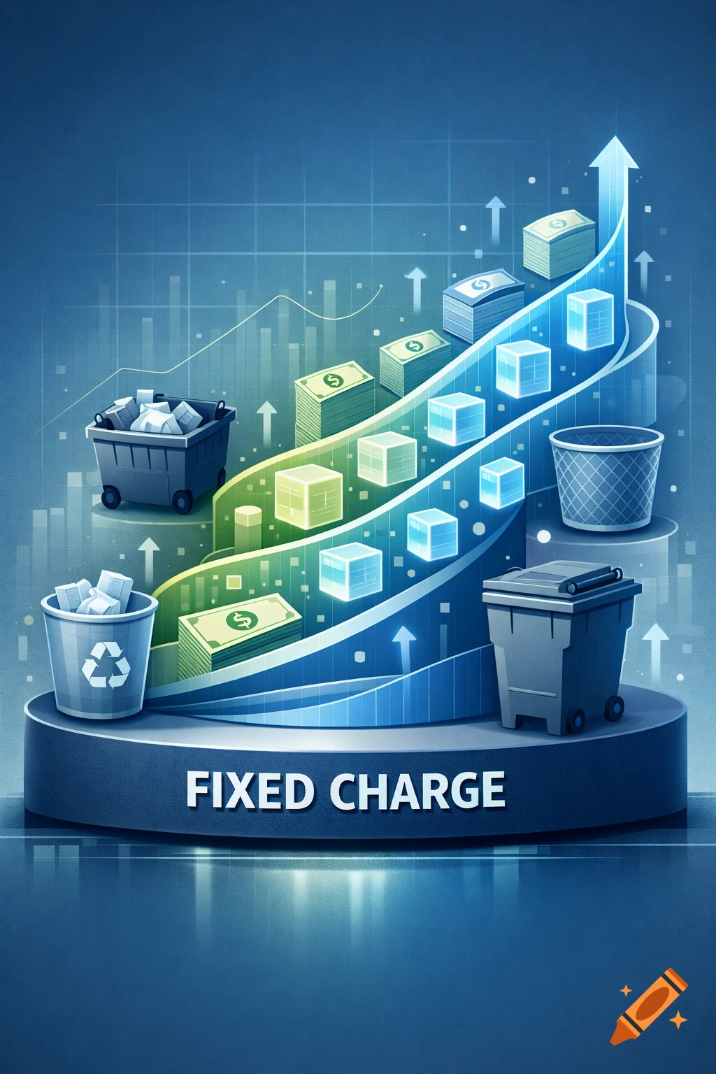 An infographic showing a rising arrow graph with stacks of money, glowing cubes, and trash bins on a platform labeled 'FIXED CHARGE'.