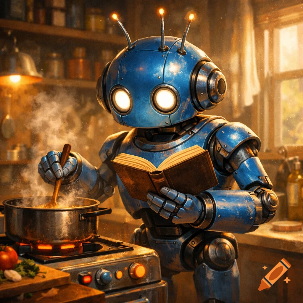A blue robot with three antennae cooks in a rustic kitchen, stirring a pot on a stove while reading an open book.