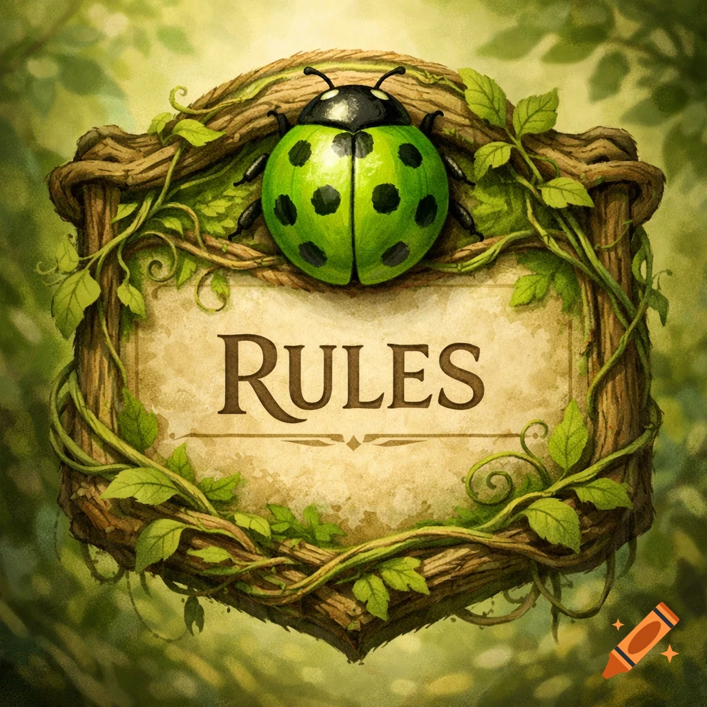 Green ladybug on an organic wooden sign wrapped in vines, displaying the word 'RULES' against a soft green background.