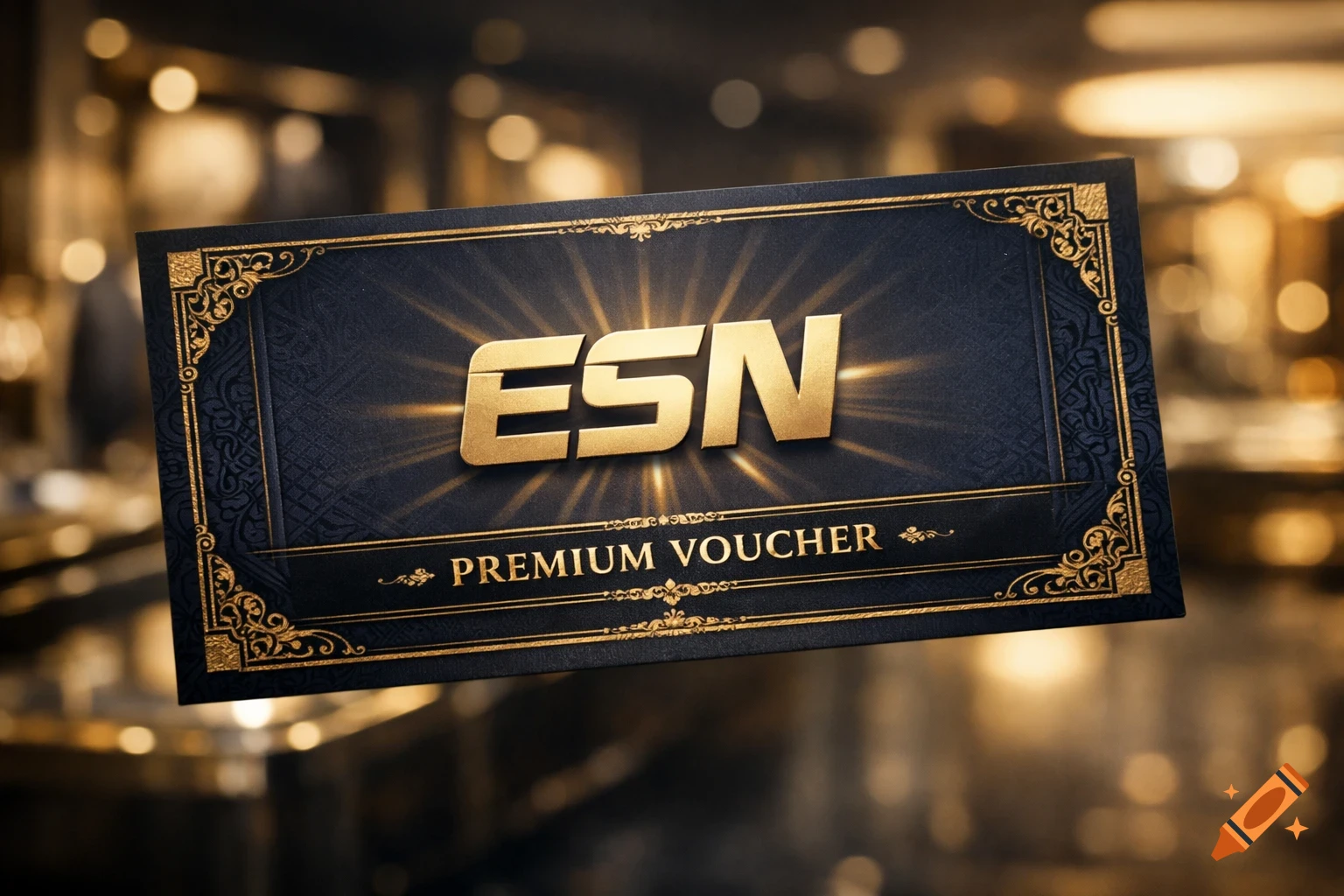 Elegant dark blue and gold voucher with the text 'ESN' and 'PREMIUM VOUCHER' with a glowing effect and ornate borders.