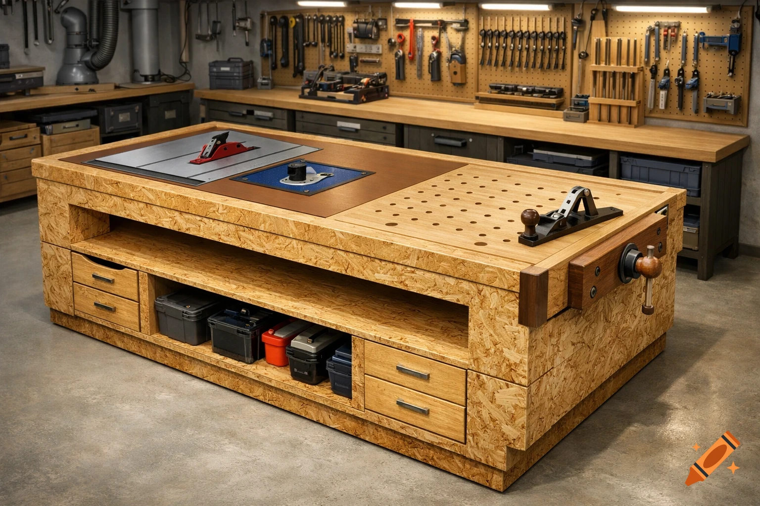 A custom workshop island made of OSB, featuring an integrated table saw, router, bench dog holes, and a wooden vise, in a detailed workshop.