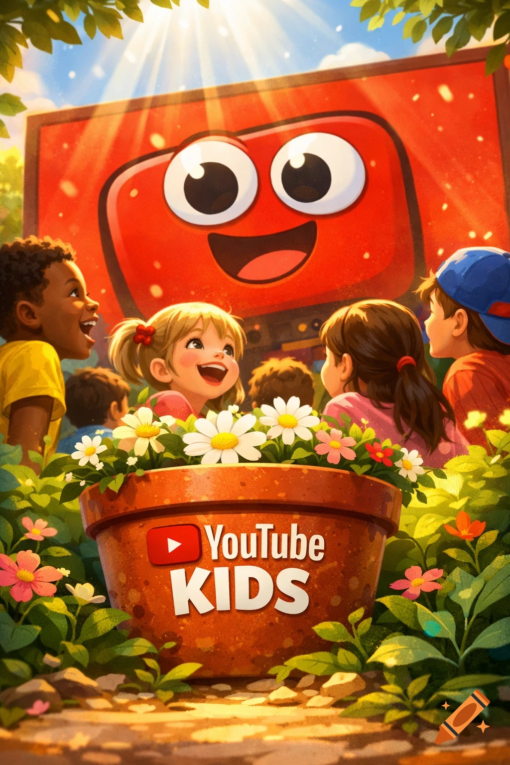 Happy children look at a smiling YouTube Kids screen and a flower pot with the YouTube Kids logo, surrounded by flowers.
