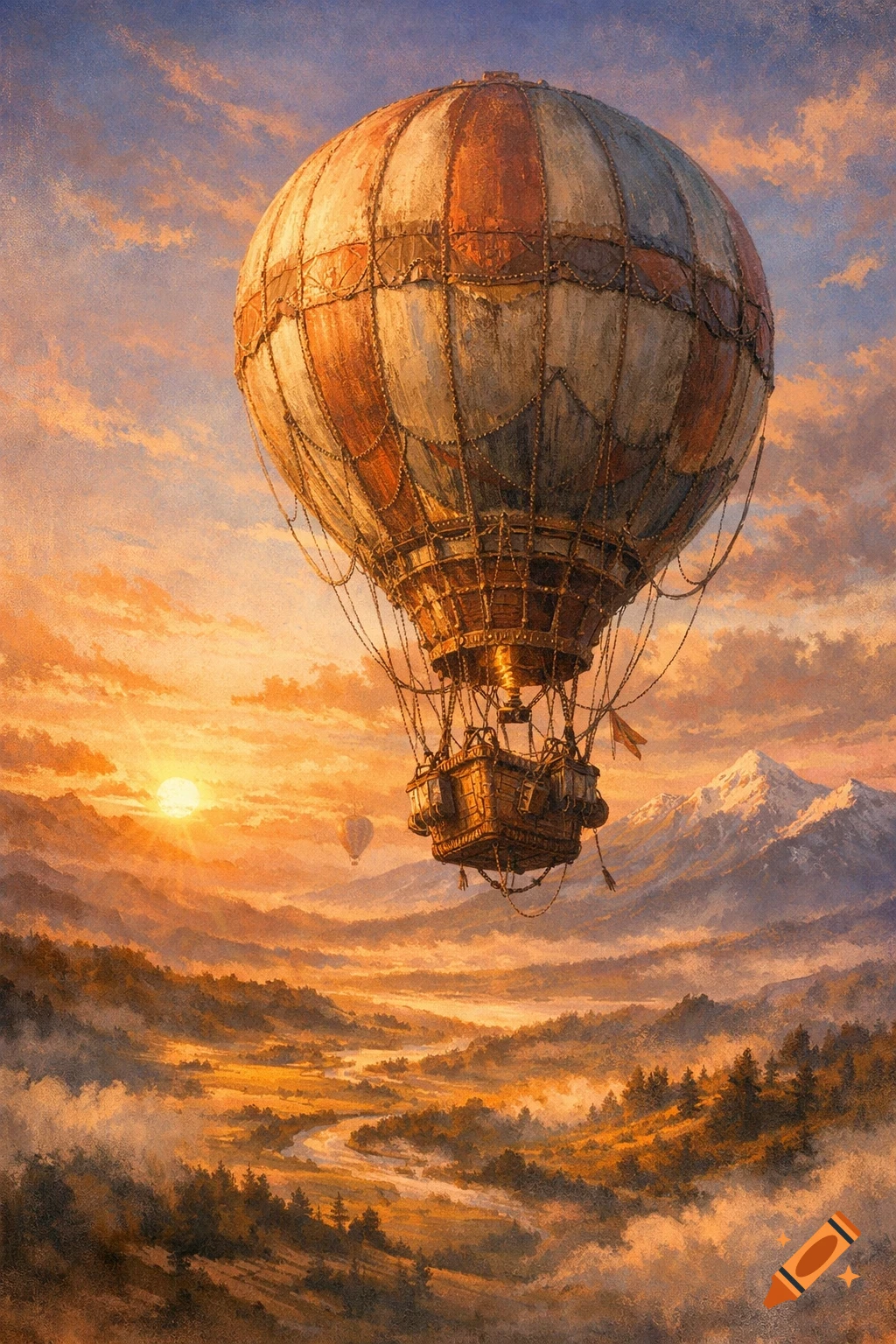 A large, detailed hot air balloon floats over a misty mountain valley with a winding river during a vibrant orange and purple sunset. Digital painting style.