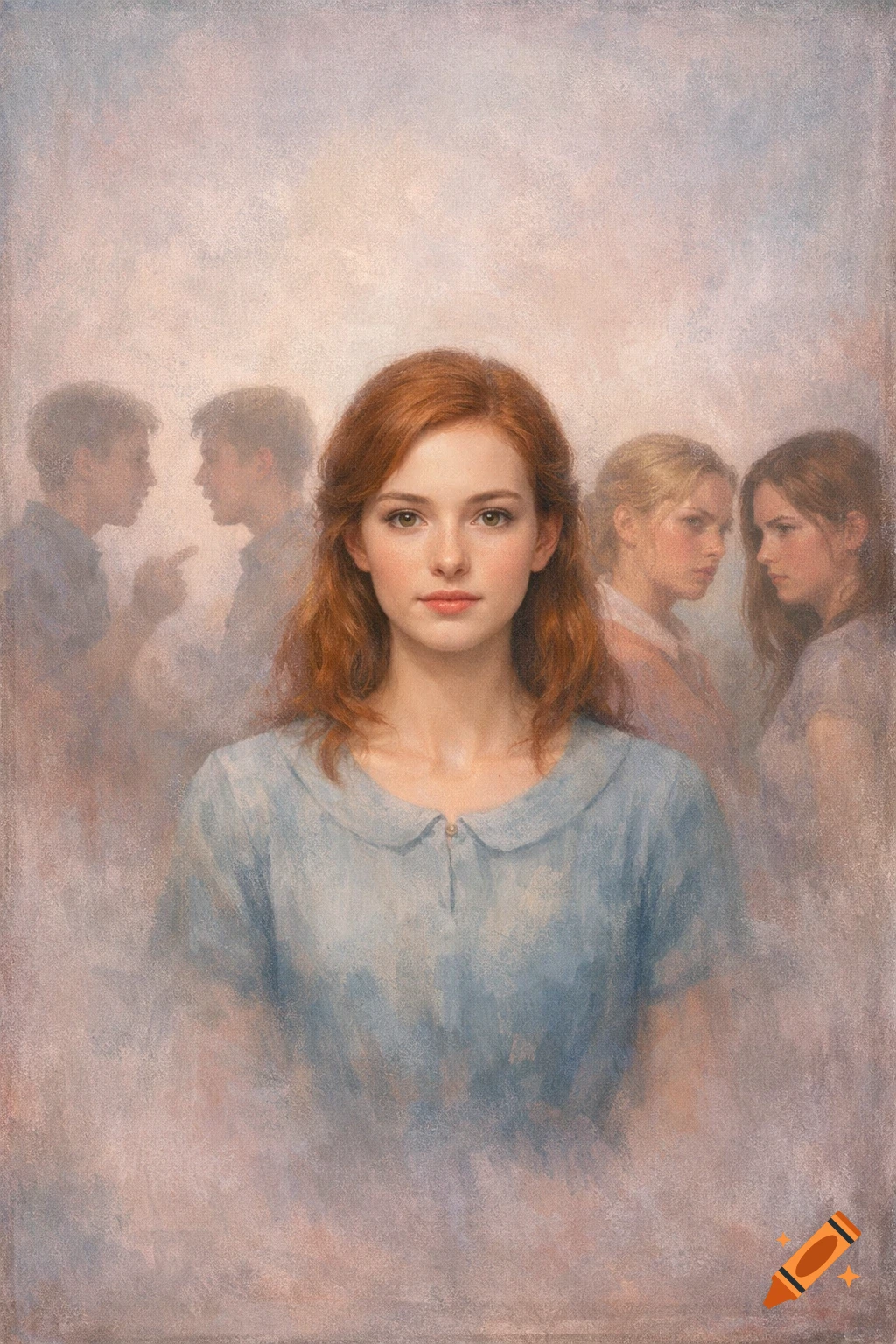 A redhead woman in a blue collared shirt looks forward with a soft, blurred background of arguing boys and scowling girls in a painterly style.