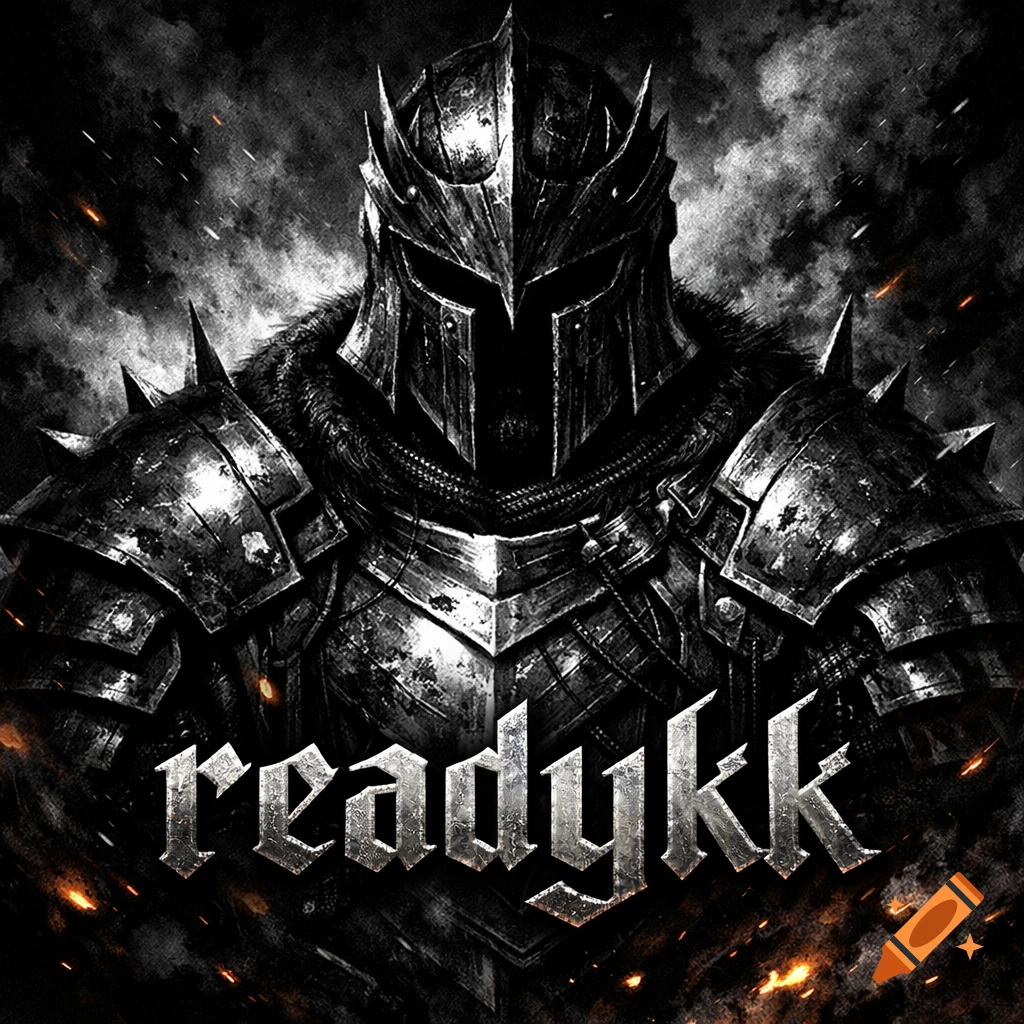 A dark, dramatic digital art portrait of a medieval warrior leader in spiked armor and a horned helmet, with smoke, fire, and the name 'readykk' below.
