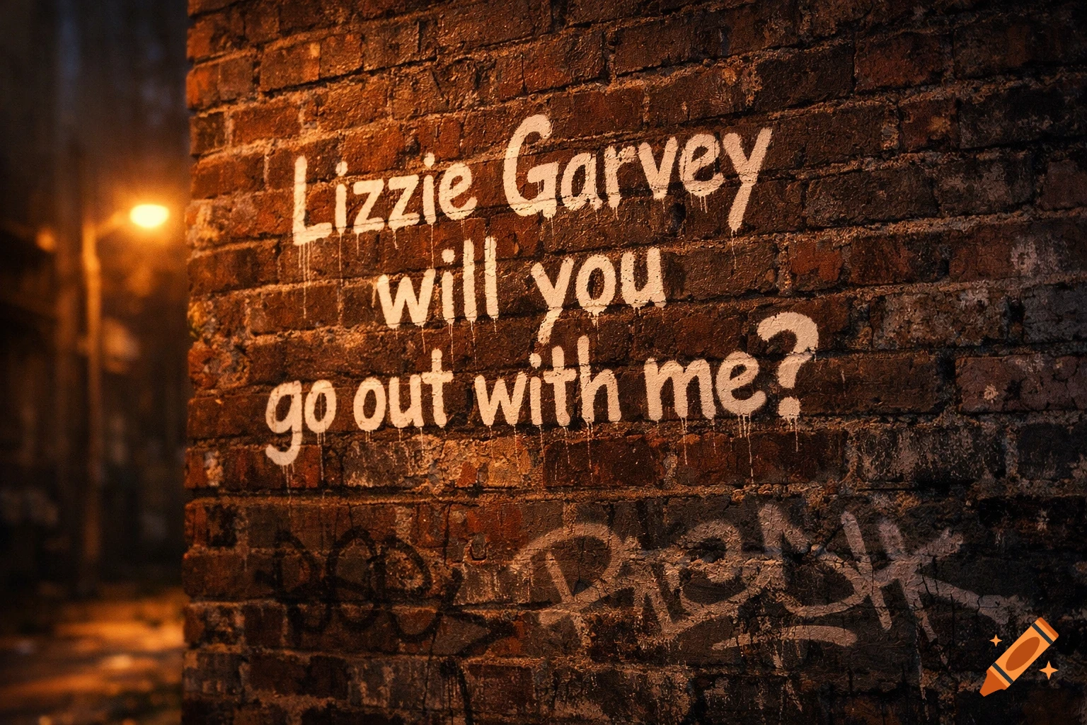 Romantic graffiti 'Lizzie Garvey will you go out with me?' spray-painted on a brick wall at night, lit by a streetlamp.