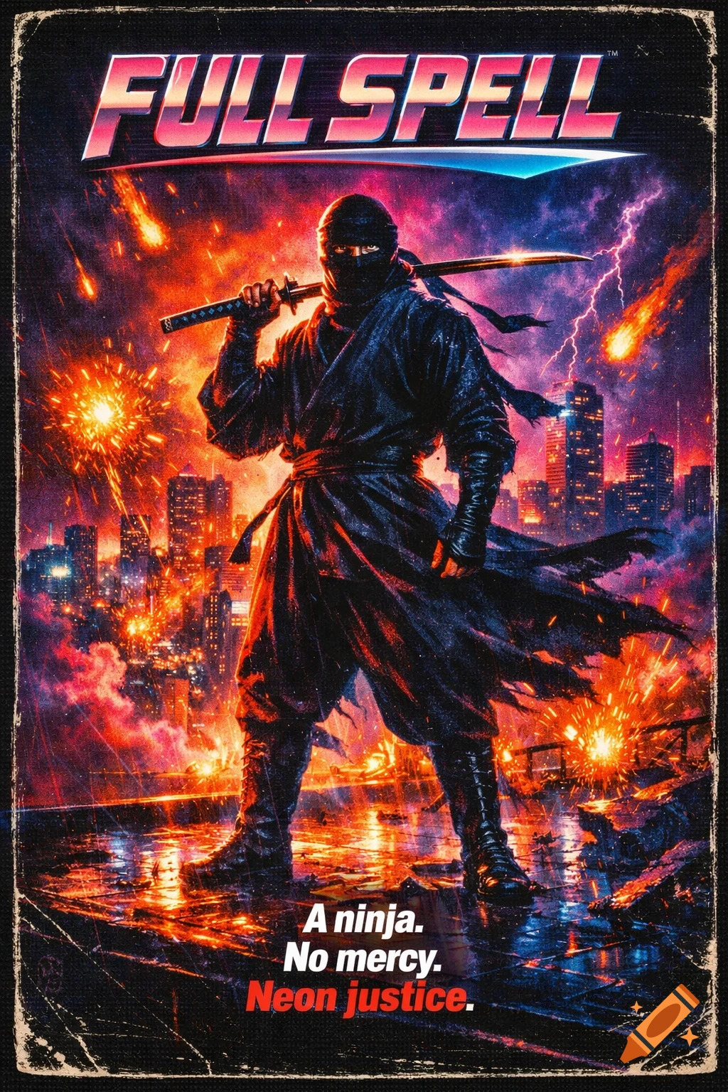 Retro 80s action movie poster for 'FULL SPELL' with a ninja holding a katana against a burning city skyline at night.