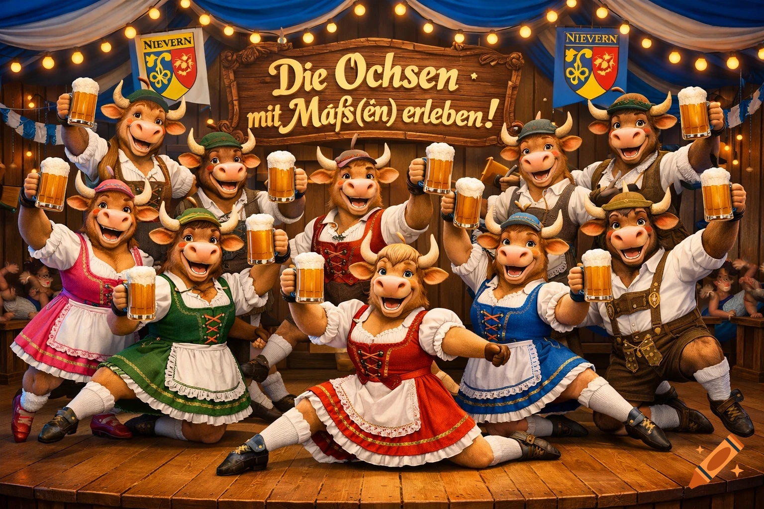 Anthropomorphic oxen in Bavarian dirndls and lederhosen cheer with beer steins on a stage in a festive beer tent, in a colorful 3D animation style.